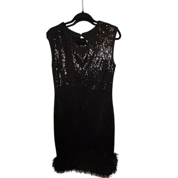 Venus black sequin dress with fur hemline, size‎ L. - Picture 1 of 9